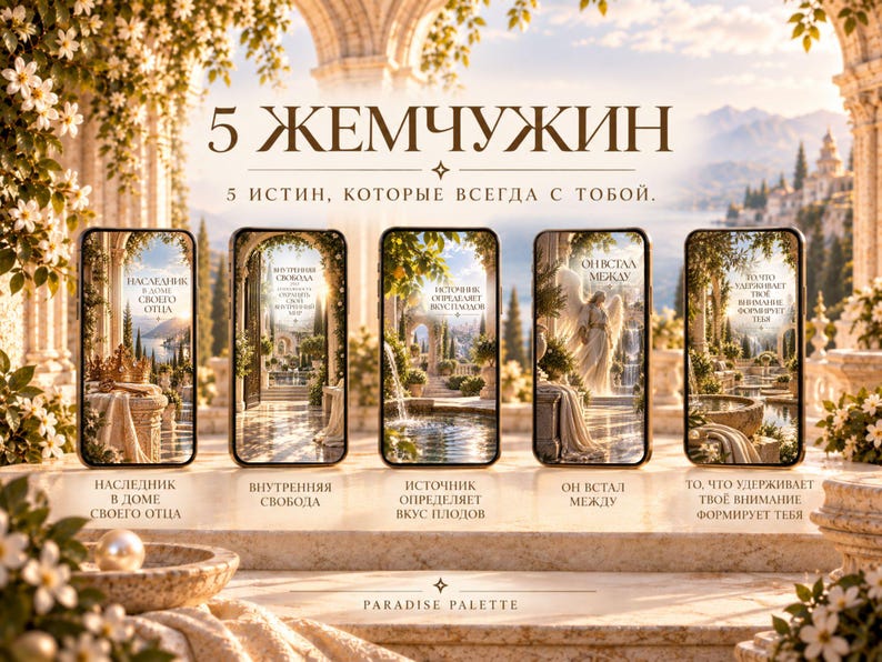 May include: Five smartphones arranged in a row, each displaying a unique digital illustration of a classical architectural scene with Cyrillic text. The header reads 5 ЖЕМЧУЖИН and the footer displays PARADISE PALETTE, set against a stone terrace.