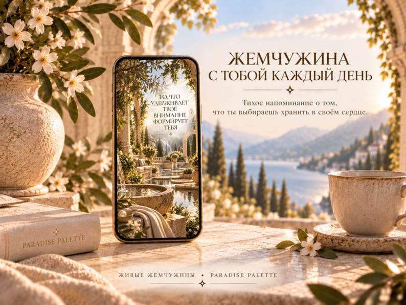 May include: A smartphone displaying a scenic garden image with Russian text, positioned on a stone surface next to a ceramic cup, a book labeled PARADISE PALETTE, and a vase. The screen text reads: ТО, ЧТО УДЕРЖИВАЕТ ТВОЁ ВНИМАНИЕ ФОРМИРУЕТ ТЕБЯ.