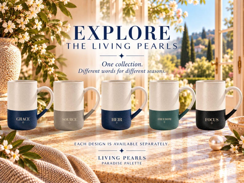 Peut inclure: Cinq tasses en c&eacute;ramique au design bicolore, avec une partie sup&eacute;rieure cr&egrave;me mouchet&eacute;e et une base unie. Chaque tasse porte un mot unique : GRACE, SOURCE, HEIR, FREEDOM et FOCUS. Le texte EXPLORE THE LIVING PEARLS est centr&eacute; au-dessus.