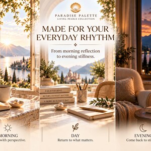 May include: A triptych display featuring a morning scene with a coffee cup and book, a daytime desk setup with books titled A Quieter Mind, Return to What Matters, and A More Beautiful Day, and an evening scene with a lit candle and a cozy armchair.