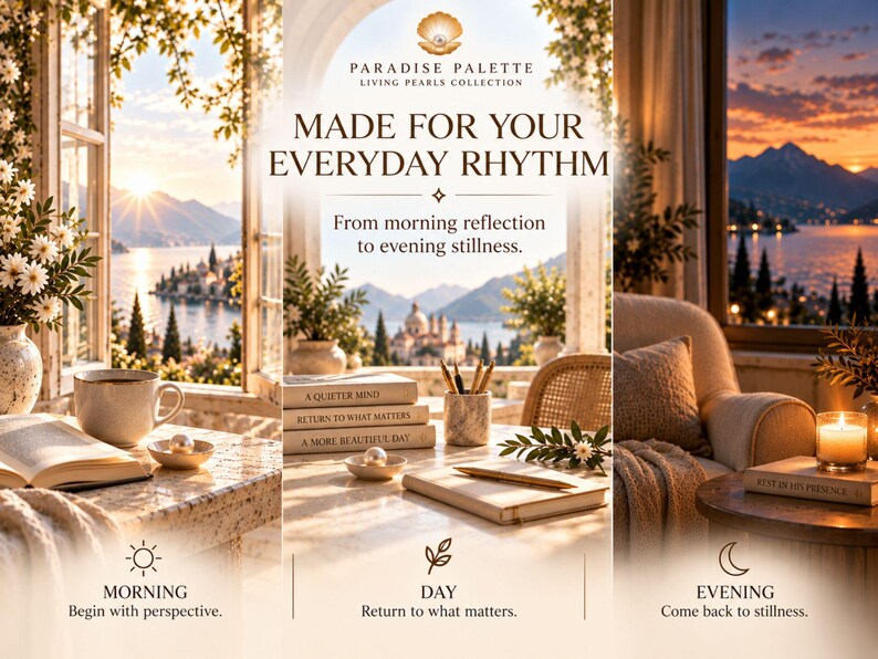 May include: A triptych display featuring a morning scene with a coffee cup and book, a daytime desk setup with books titled A Quieter Mind, Return to What Matters, and A More Beautiful Day, and an evening scene with a lit candle and a cozy armchair.