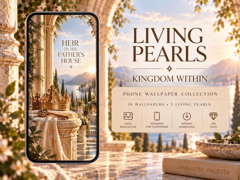 May include: A smartphone displaying a digital wallpaper collection titled Living Pearls Kingdom Within. The screen shows a golden crown and key on a stone pedestal overlooking a lake. Text includes Heir in His Father's House, 10 wallpapers, 5 Living Pearls, high resolution, designed for your phone, instant download, and JPG files.
