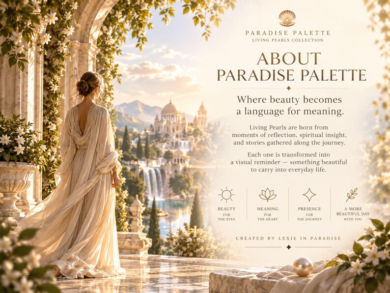 May include: A promotional graphic for Paradise Palette Living Pearls Collection featuring a person in a flowing cream gown standing on a terrace overlooking a waterfall and palace. Text includes About Paradise Palette, Where beauty becomes a language for meaning, and four icons labeled Beauty for the eyes, Meaning for the heart, Presence for the journey, and A more beautiful day with you.