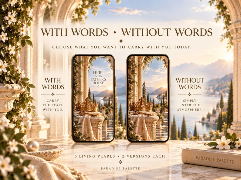 May include: Two smartphones displaying a scenic landscape with a golden crown on a stone pedestal. Text reads: WITH WORDS &bull; WITHOUT WORDS, CHOOSE WHAT YOU WANT TO CARRY WITH YOU TODAY, HEIR IN HIS FATHER'S HOUSE, 5 LIVING PEARLS &bull; 2 VERSIONS EACH, PARADISE PALETTE.