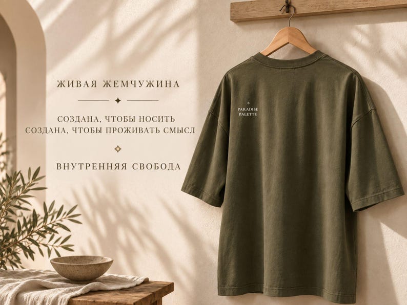 以下が含まれることがあります： 木製ハンガーに掛けられたオリーブグリーンの半袖Tシャツ。シャツの背面、襟元付近には「PARADISE PALETTE」という小さな白い文字がプリントされています。クルーネックで、ドロップショルダーのゆったりとしたシルエットが特徴です。