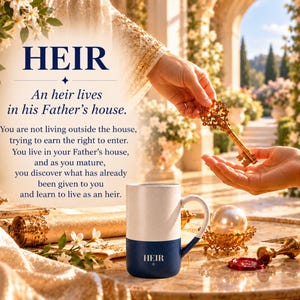 Peut inclure: Un mug en c&eacute;ramique bicolore avec une partie sup&eacute;rieure blanche et une partie inf&eacute;rieure bleu marine portant le mot HEIR en blanc. Le mug est pos&eacute; sur une table avec une couronne dor&eacute;e, un parchemin, une perle et un sceau.