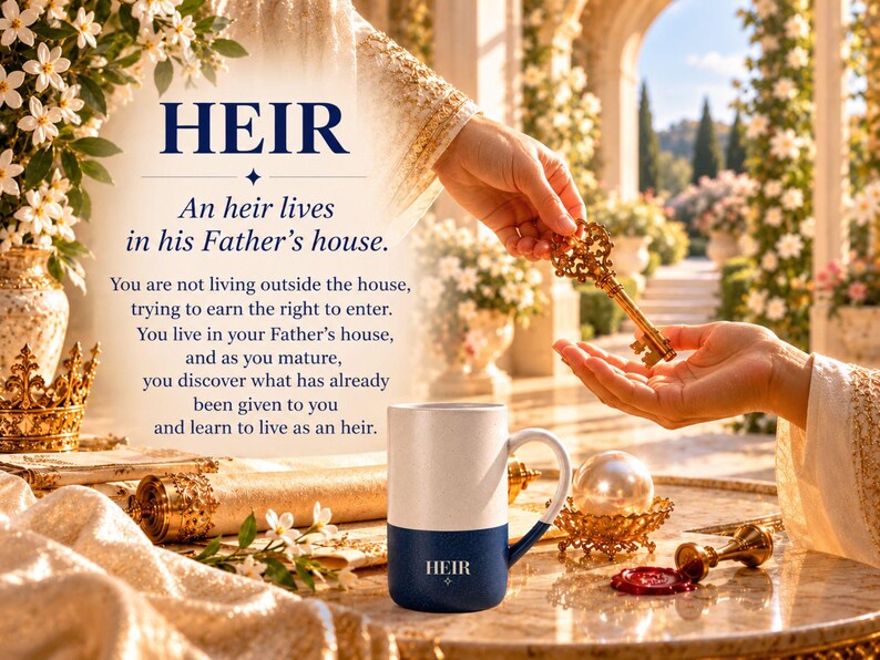 Peut inclure: Un mug en c&eacute;ramique bicolore avec une partie sup&eacute;rieure blanche et une partie inf&eacute;rieure bleu marine portant le mot HEIR en blanc. Le mug est pos&eacute; sur une table avec une couronne dor&eacute;e, un parchemin, une perle et un sceau.