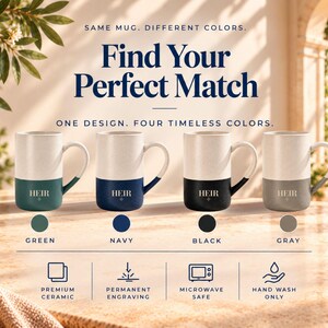 Peut inclure: Quatre tasses en c&eacute;ramique au design bicolore, avec une partie sup&eacute;rieure cr&egrave;me et une base unie en vert, bleu marine, noir ou gris. Chaque tasse est grav&eacute;e du mot HEIR. Le texte indique : SAME MUG. DIFFERENT COLORS. Find Your Perfect Match.