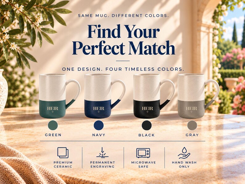 Peut inclure: Quatre tasses en c&eacute;ramique au design bicolore, avec une partie sup&eacute;rieure cr&egrave;me et une base unie en vert, bleu marine, noir ou gris. Chaque tasse est grav&eacute;e du mot HEIR. Le texte indique : SAME MUG. DIFFERENT COLORS. Find Your Perfect Match.