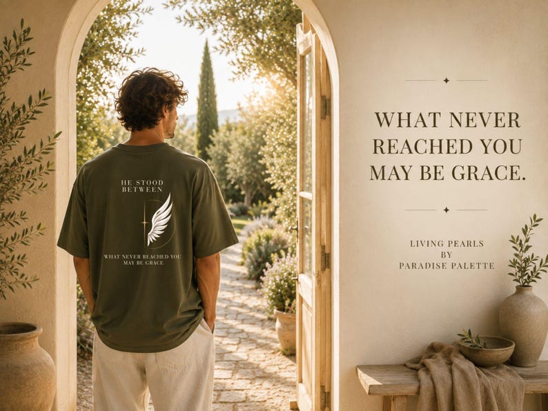 以下が含まれることがあります： オリーブグリーンのTシャツには、白い翼のグラフィックと「HE STOOD BETWEEN WHAT NEVER REACHED YOU MAY BE GRACE」という文字がプリントされています。Tシャツは明るい色のズボンと合わせて着用されており、壁には「WHAT NEVER REACHED YOU MAY BE GRACE. LIVING PEARLS BY PARADISE PALETTE」という文字が書かれています。