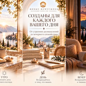 May include: A digital wallpaper collection titled Zhivye Zhemchuzhiny featuring three scenes of a room with a lake view. Text includes "SOZDANY DLYA KAZHDOGO VASHEGO DNYA" and "UTRO", "DEN", "VECHER" with descriptive phrases for morning, day, and evening.