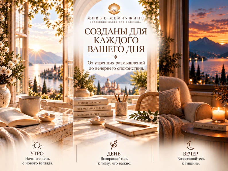 May include: A digital wallpaper collection titled Zhivye Zhemchuzhiny featuring three scenes of a room with a lake view. Text includes "SOZDANY DLYA KAZHDOGO VASHEGO DNYA" and "UTRO", "DEN", "VECHER" with descriptive phrases for morning, day, and evening.