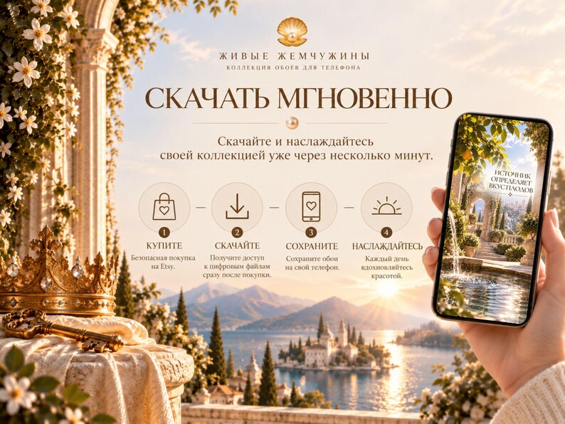 May include: A digital download advertisement featuring a smartphone displaying a scenic landscape, a gold crown, and a vintage key. The text includes "ЖИВЫЕ ЖЕМЧУЖИНЫ", "СКАЧАТЬ МГНОВЕННО", and a four-step instructional guide with icons for purchasing and downloading digital files.