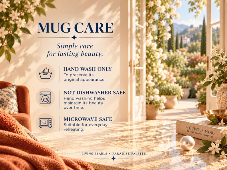 Peut inclure: Un graphique informatif intitul&eacute; MUG CARE avec les instructions : HAND WASH ONLY pour pr&eacute;server son apparence, NOT DISHWASHER SAFE, et MICROWAVE SAFE pour r&eacute;chauffer. Le texte inclut la mention LIVING PEARLS &bull; PARADISE PALETTE.