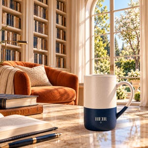 Peut inclure: Un mug en c&eacute;ramique bicolore avec une partie sup&eacute;rieure cr&egrave;me mouchet&eacute;e et une base bleu marine unie. Le mot HEIR est imprim&eacute; en blanc sur la partie inf&eacute;rieure, accompagn&eacute; d'un petit symbole en forme d'&eacute;toile &agrave; quatre branches.