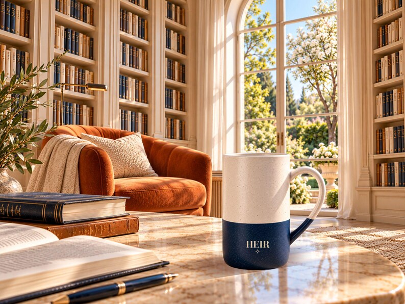 Peut inclure: Un mug en c&eacute;ramique bicolore avec une partie sup&eacute;rieure cr&egrave;me mouchet&eacute;e et une base bleu marine unie. Le mot HEIR est imprim&eacute; en blanc sur la partie inf&eacute;rieure, accompagn&eacute; d'un petit symbole en forme d'&eacute;toile &agrave; quatre branches.