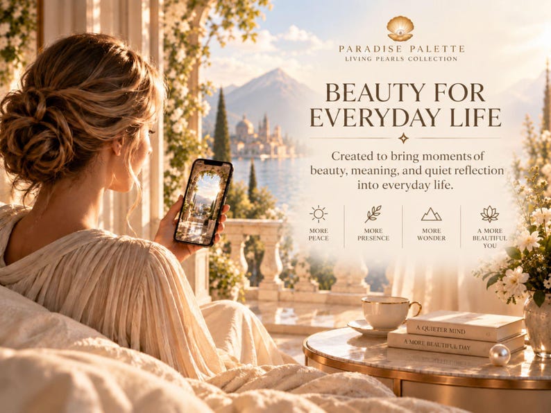 May include: A promotional graphic for Paradise Palette Living Pearls Collection featuring text: Beauty for Everyday Life. Created to bring moments of beauty, meaning, and quiet reflection into everyday life. Includes icons for peace, presence, wonder, and beauty.