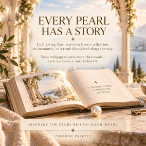 May include: An open book featuring a landscape illustration, a single white pearl, and an ornate metal key on a stone surface. The text reads: EVERY PEARL HAS A STORY, Each Living Pearl was born from a reflection, A DEEPER STORY A BRIGHTER JOURNEY, DISCOVER THE STORY BEHIND EACH PEARL, PARADISE PALETTE.