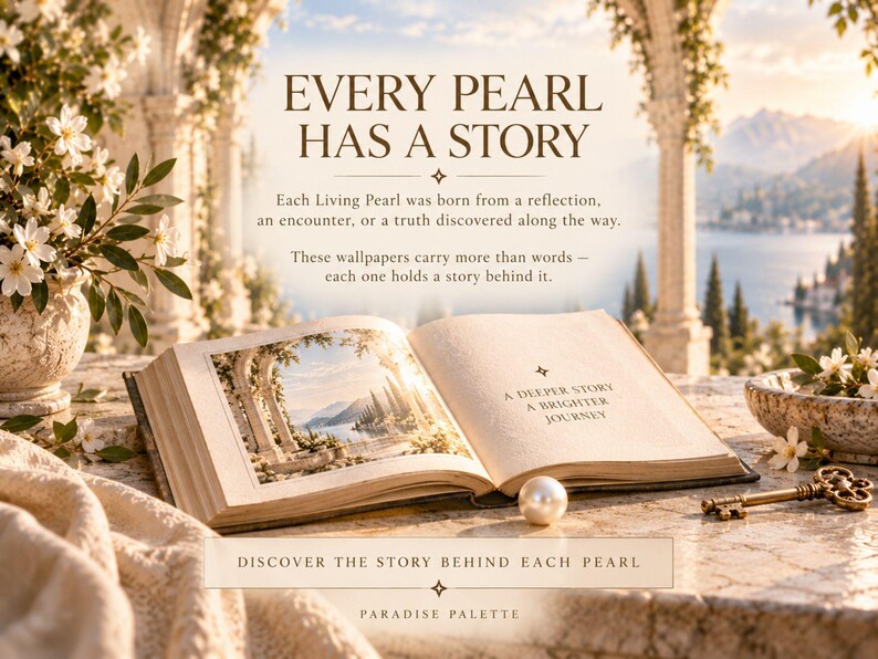 May include: An open book featuring a landscape illustration, a single white pearl, and an ornate metal key on a stone surface. The text reads: EVERY PEARL HAS A STORY, Each Living Pearl was born from a reflection, A DEEPER STORY A BRIGHTER JOURNEY, DISCOVER THE STORY BEHIND EACH PEARL, PARADISE PALETTE.