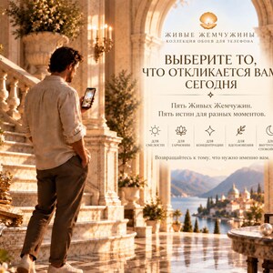 May include: A digital advertisement featuring a person holding a smartphone in a grand, sunlit hall with marble stairs and a coastal view. The text includes the title "ЖИВЫЕ ЖЕМЧУЖИНЫ" and "ВЫБЕРИТЕ ТО, ЧТО ОТКЛИКАЕТСЯ ВАМ СЕГОДНЯ" alongside five icons representing different themes.