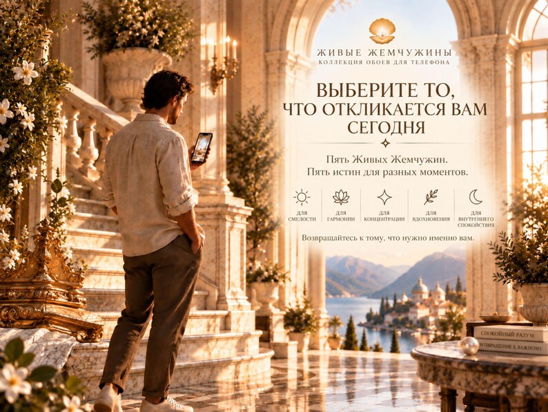 May include: A digital advertisement featuring a person holding a smartphone in a grand, sunlit hall with marble stairs and a coastal view. The text includes the title "ЖИВЫЕ ЖЕМЧУЖИНЫ" and "ВЫБЕРИТЕ ТО, ЧТО ОТКЛИКАЕТСЯ ВАМ СЕГОДНЯ" alongside five icons representing different themes.