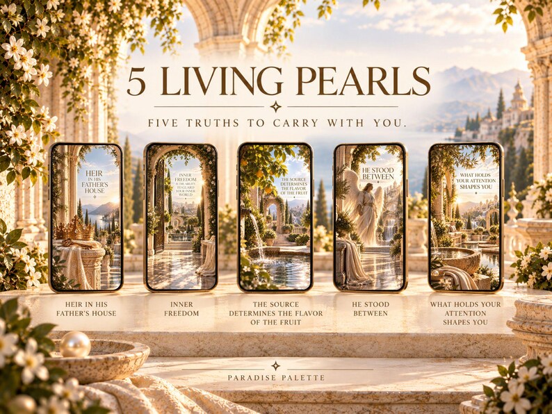 May include: Five smartphones arranged in a row, each displaying a unique landscape scene with text. The main title reads 5 LIVING PEARLS, FIVE TRUTHS TO CARRY WITH YOU. Individual screens feature the phrases HEIR IN HIS FATHER'S HOUSE, INNER FREEDOM, THE SOURCE DETERMINES THE FLAVOR OF THE FRUIT, HE STOOD BETWEEN, and WHAT HOLDS YOUR ATTENTION SHAPES YOU.