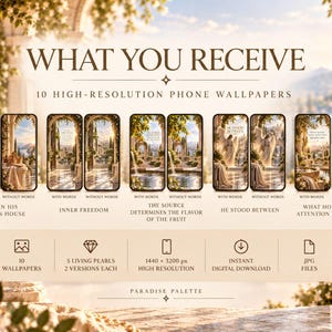 May include: A digital collection of 10 high-resolution phone wallpapers in JPG format, sized 1440 x 3200 px. The set includes 5 designs with two versions each, featuring text-based titles like Heir in His Father's House and Inner Freedom.