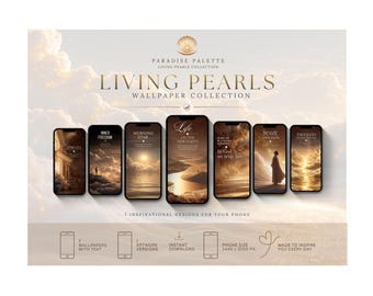 May include: Seven smartphones display the Living Pearls wallpaper collection with golden cloud and landscape imagery. Text includes Paradise Palette, Living Pearls, and inspirational phrases. Icons indicate 7 wallpapers, 1440 x 3200 px size, and instant download.