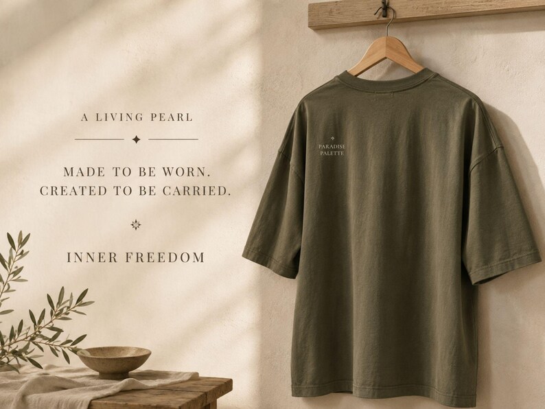 May include: An olive green short-sleeved t-shirt hangs on a wooden hanger. The shirt features the text "PARADISE PALETTE" on the upper left chest. To the left, text reads "A LIVING PEARL", "MADE TO BE WORN. CREATED TO BE CARRIED.", and "INNER FREEDOM".