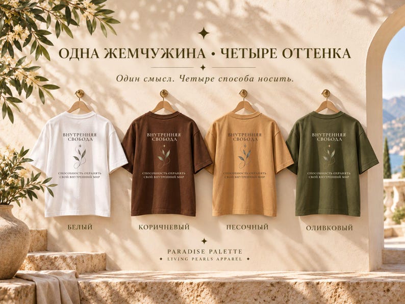 以下が含まれることがあります： 白、茶色、ベージュ、オリーブグリーンの半袖Tシャツ4枚。それぞれ中央にキリル文字のテキストと葉のイラストが描かれています。Tシャツは木製のハンガーに掛けられ、上部にテキストが書かれた明るい色の壁の前に並んでいます。
