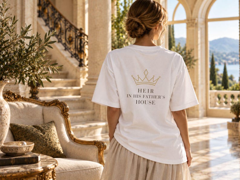May include: A white short-sleeved t-shirt featuring a gold-colored crown graphic above the black text "HEIR IN HIS FATHER'S HOUSE" printed on the back. The shirt has a crew neckline and a relaxed fit, worn with a light-colored skirt.