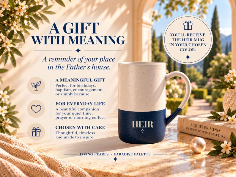 Peut inclure: Un mug en c&eacute;ramique bicolore avec une partie sup&eacute;rieure cr&egrave;me mouchet&eacute;e et une base bleu marine unie. Le mot HEIR est imprim&eacute; en blanc sur la section marine. Le texte sur l'image inclut A GIFT WITH MEANING, A MEANINGFUL GIFT, FOR EVERYDAY LIFE, CHOSEN WITH CARE et A QUIETER MIND.