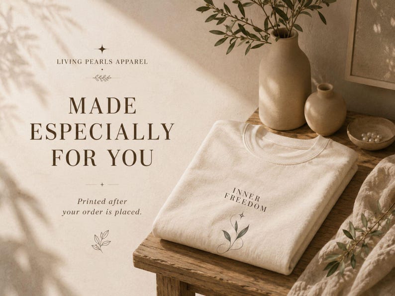 Puede incluir: Una camiseta color crema doblada con el texto negro "INNER FREEDOM" sobre una peque&ntilde;a ilustraci&oacute;n bot&aacute;nica de hojas y una estrella. La camiseta se muestra sobre una superficie de madera junto a dos jarrones de cer&aacute;mica beige y un cuenco con perlas blancas.