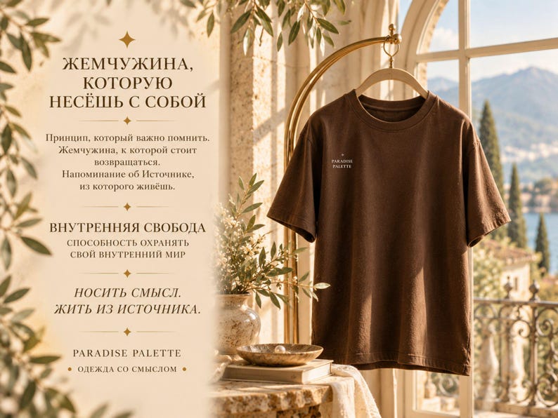 以下が含まれることがあります： クルーネックの無地の茶色の半袖Tシャツで、左胸に小さな白い文字で「PARADISE PALETTE」とプリントされています。Tシャツはハンガーに掛けられており、背景にはロシア語のテキストが書かれた明るい色の壁があります。