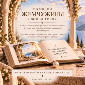 May include: An open book featuring a landscape illustration of a stone archway overlooking a lake and mountains. The pages contain Russian text, a single white pearl, and a vintage metal key. The scene is set on a stone surface with floral accents.