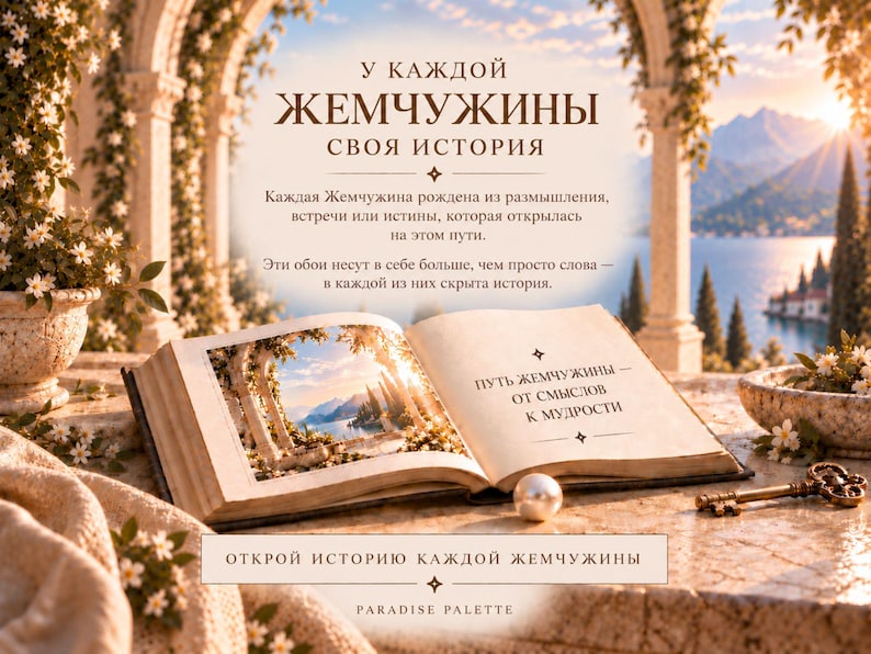 May include: An open book featuring a landscape illustration of a stone archway overlooking a lake and mountains. The pages contain Russian text, a single white pearl, and a vintage metal key. The scene is set on a stone surface with floral accents.