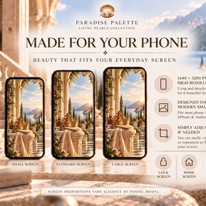 May include: Three smartphones display a digital wallpaper featuring a crown on a stone pedestal overlooking a lake. Text includes Paradise Palette, Living Pearls Collection, Made For Your Phone, 1440 x 3200 px high resolution, and screen labels.