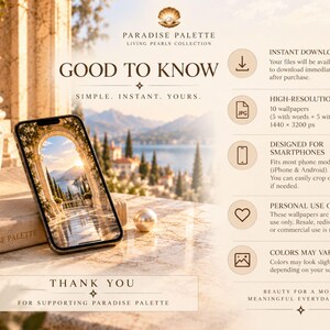 May include: A digital product information graphic for Paradise Palette Living Pearls Collection. It features a smartphone displaying a Mediterranean landscape, text details on file formats, resolution of 1440 x 3200 px, and usage terms.
