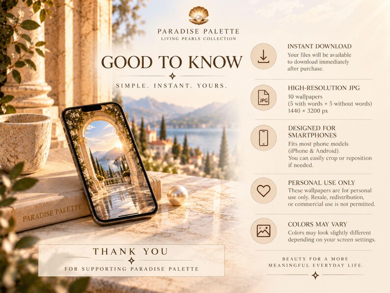 May include: A digital product information graphic for Paradise Palette Living Pearls Collection. It features a smartphone displaying a Mediterranean landscape, text details on file formats, resolution of 1440 x 3200 px, and usage terms.