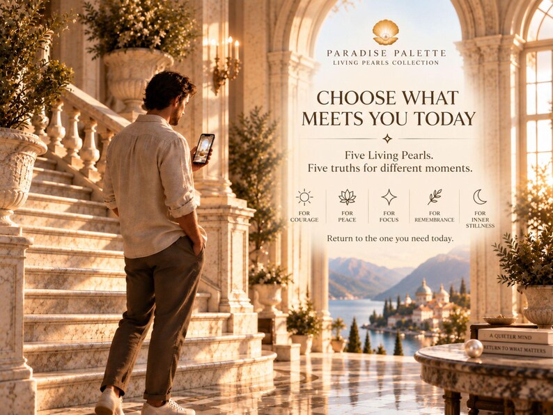 May include: A promotional graphic for Paradise Palette Living Pearls Collection featuring text: Choose What Meets You Today. Five Living Pearls. Five truths for different moments. Icons for courage, peace, focus, remembrance, and inner stillness are shown.