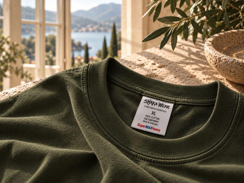May include: An olive green t-shirt with a ribbed crew neckline. A white interior neck label displays the text SHAKA WEAR, STREETWEAR ESSENTIALS, XL, 100% COTTON, USA COMPONENT, MADE IN HONDURAS, and SuperMAXHeavy in red and blue lettering.