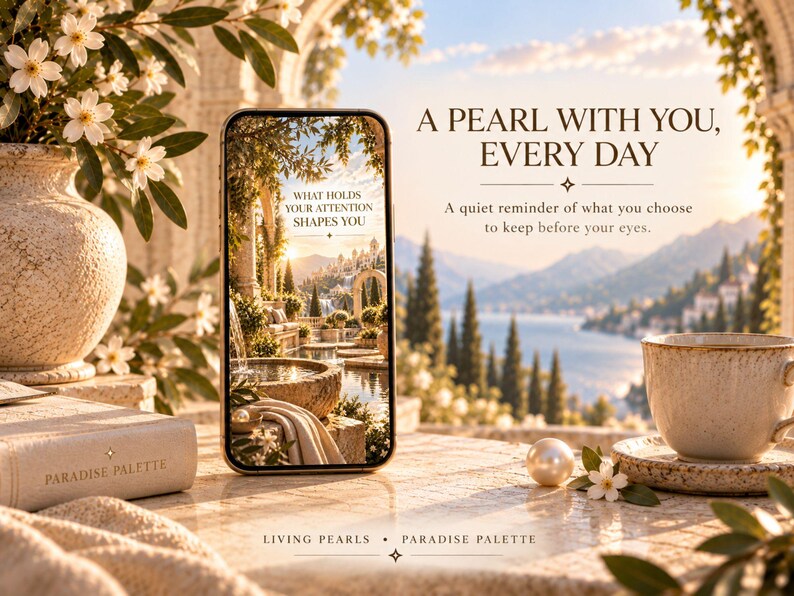 May include: A smartphone displaying a scenic garden image with the text WHAT HOLDS YOUR ATTENTION SHAPES YOU. Beside it sits a white ceramic cup, a single pearl, and a book labeled PARADISE PALETTE. Text reads A PEARL WITH YOU, EVERY DAY.