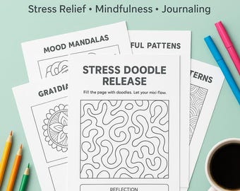 Art Therapy Worksheets: Stress Relief Coloring, Mindful Doodles (PDF Printable Bundle)