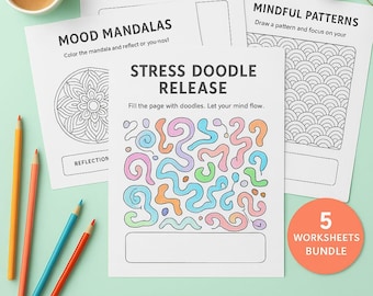 May include: Art therapy worksheets bundle with stress relief, mindfulness, and journaling prompts. Includes gratitude, mood mandalas, stress doodle, and mindful patterns. Colored pencils and a cup of coffee are also in the image.