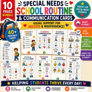 May include: A 10-page bundle of printable school routine and communication cards featuring colorful illustrations and text for visual support. The set includes cards for morning routines, classroom communication, sensory breaks, activities, and coping skills.