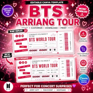 以下が含まれることがあります： BTS Arriang Tourチケットのピンクと白のデジタルテンプレート。デザインには「BTS WORLD TOUR」のテキスト、カスタマイズ可能なフィールド、ダウンロードと印刷のオプションが含まれています。コンサートのサプライズに最適です。
