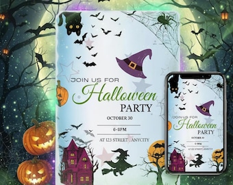 May include: A Halloween party invitation with a spooky theme. The design features pumpkins, bats, a witch, and a haunted house. The text reads "Join us for Halloween Party October 30". A smartphone displays the same invitation.