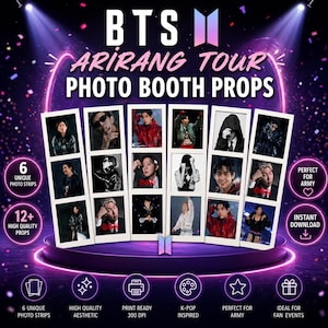 以下が含まれることがあります： K-POPグループBTSの画像が特徴のフォトブース小道具。デザインには、バンドメンバーのさまざまな画像が写ったフォトストリップと、「BTS Arirang Tour Photo Booth Props」というテキストが含まれています。デザインはK-POPにインスパイアされています。