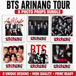以下が含まれることがあります： K-POPグループBTSの画像が特徴の8つのフォト小道具のセット。各小道具はユニークなデザインで、「ARIRANG」と「BTS ARINANG TOUR」の文字が見えます。小道具は印刷可能で高品質です。