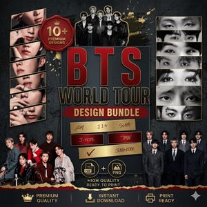 Pode incluir: Gráfico promocional para um "BTS World Tour Design Bundle". O design apresenta imagens dos membros da banda, o texto "BTS WORLD TOUR DESIGN BUNDLE" e ícones que indicam os formatos PDF e PNG. O gráfico também inclui o texto "Premium Quality" e "Instant Download."